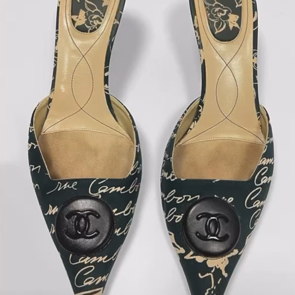 Chanel Black and Cream Heels with Iconic CC Logo